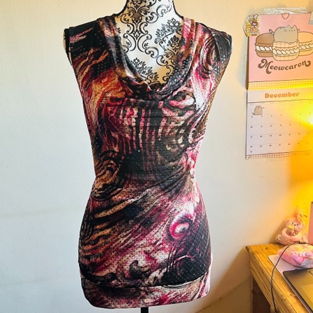 abstract pattern shimmery scoop neck dress shirt size S - Picture 2 of 6